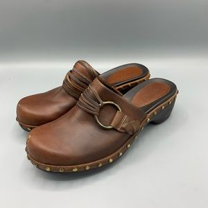 ECCO Studded Slide Clogs Womens Size 6.5M (EU 37) Brown Leather 2-1/2" Heel Mule